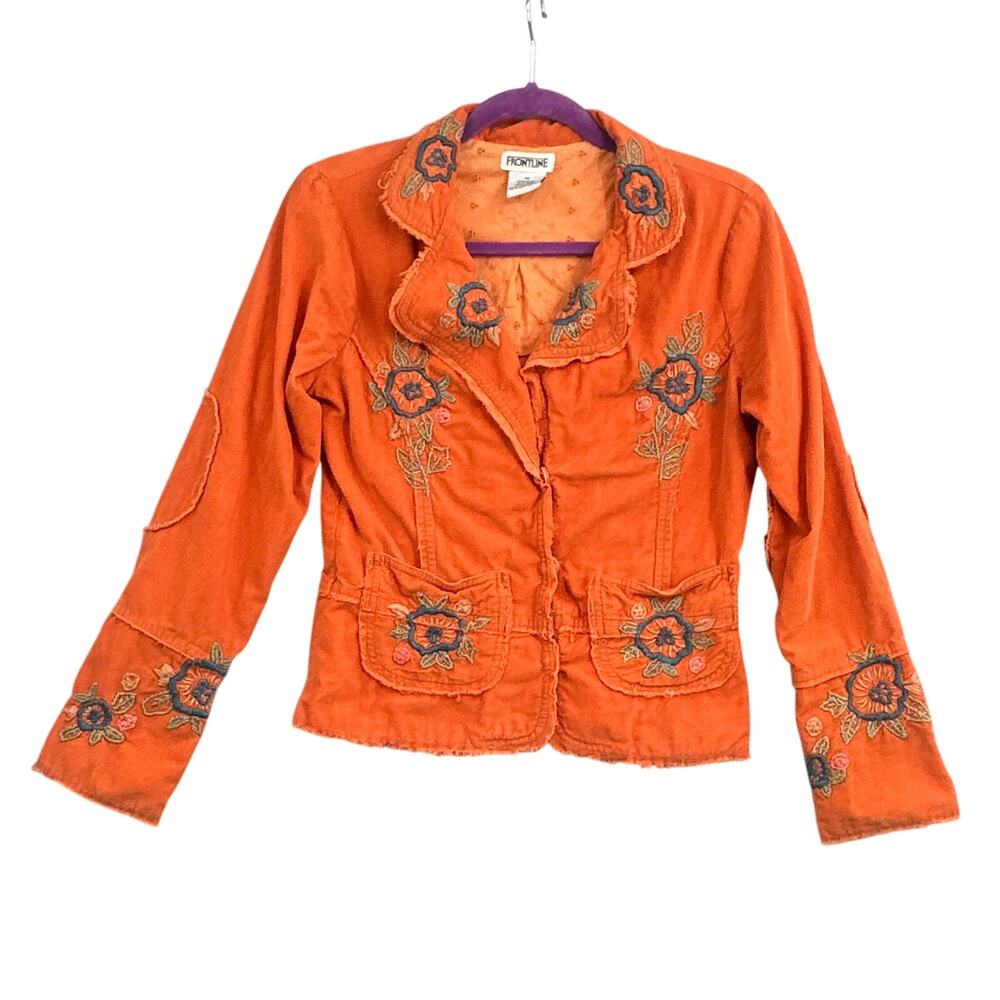 VTG Boho Embroidered Jacket M Y2K Orange Corduroy Floral Cottagecore Indie Fairy